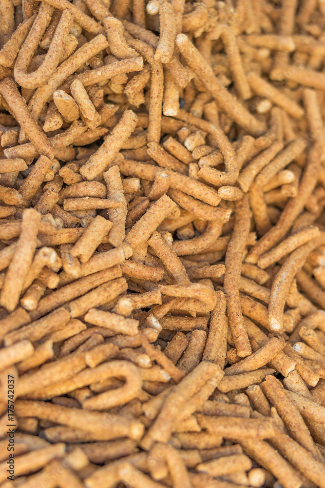 Organic wholemeal bran sticks on a fair stall, selective focus Organic wholemeal bran sticks on a fair stall, selective focus