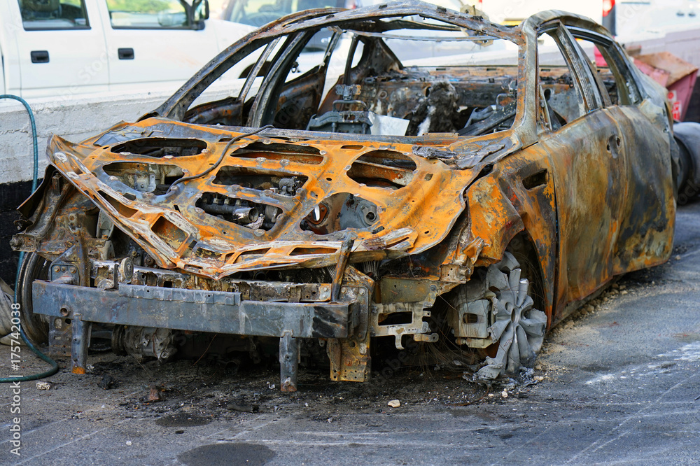Burned car, burned-out car body