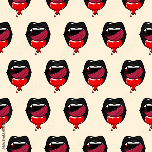 Seamless pattern of vampire woman open mouth with blood and licking tongue black lips. Halloween vector illustration