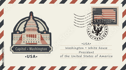 Vector envelope with a postage stamp with Washington Capitol and the flag of United States of America