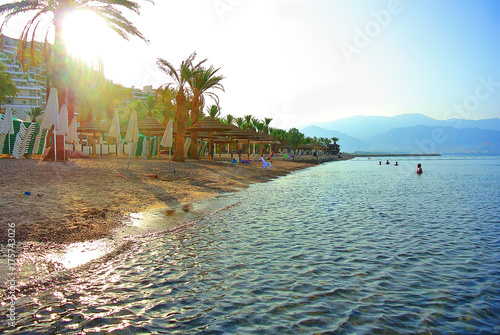 Red Sea. View of the Jordanian border. Eilat. Israel. The shore of the Gulf of Aqaba