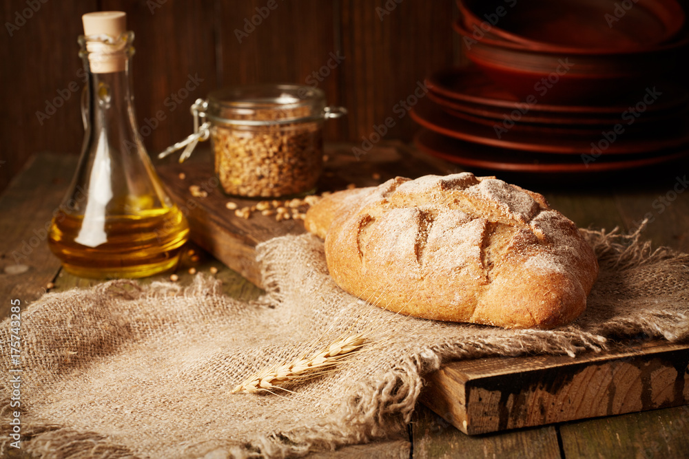 Whole grain bread rustic table