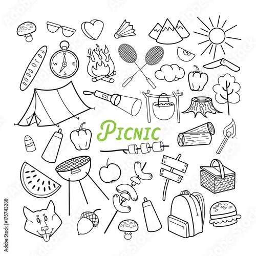Picnic Hand Drawn Doodle. Outdoor Activities. Food, Nature, Camping Outlined Elements. Vector illustration