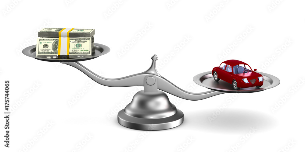 car and money on scale. Isolated 3D illustration