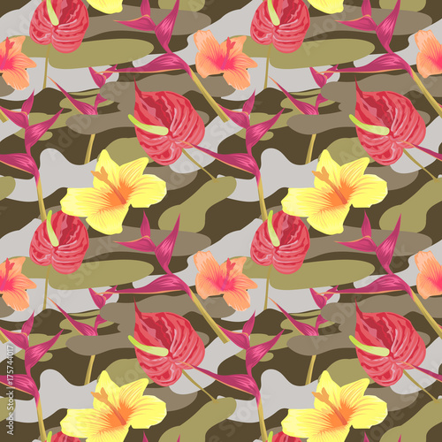 Military Seamless Pattern with Tropical Flowers