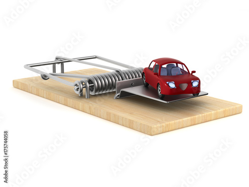 mousetrap and car on white ...