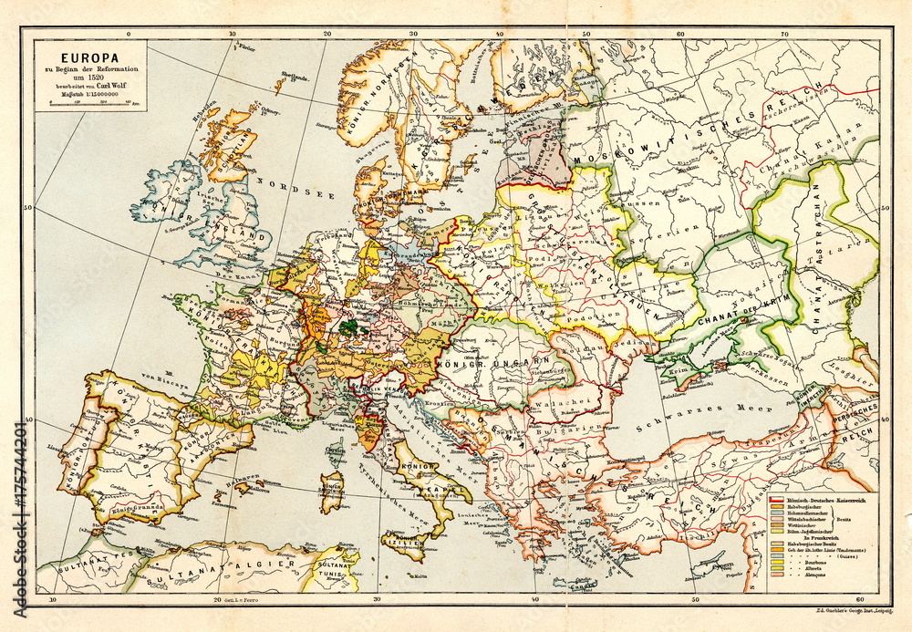 Map of Europe at the beginning of the Reformation around 1520 (from Spamers Illustrierte Weltgeschichte, 1894, 5[1], 128/129)