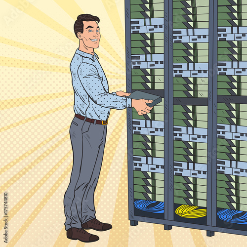 Pop Art Network Engineer Working with Hardware Data Center. Build Server Database. Technicianin Server Room. Vector illustration