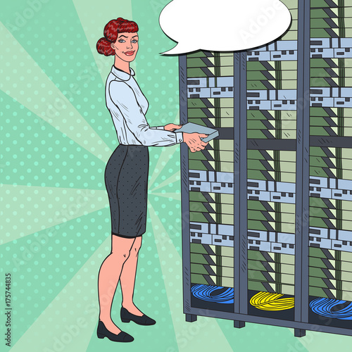 Pop Art Network Female Engineer Working with Hardware Data Center. Technicianin Build Server Database. Vector illustration