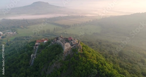 Aerial video of Beautiful fortress, Szigliget, Hungary