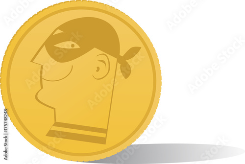 A coin with a profile of a masked criminal as a metaphor for  crime associated with cryptocurrency, EPS 8 vector illustration