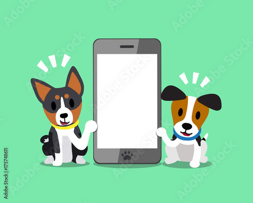 Cartoon character jack russell terrier dog and basenji dog with smartphone