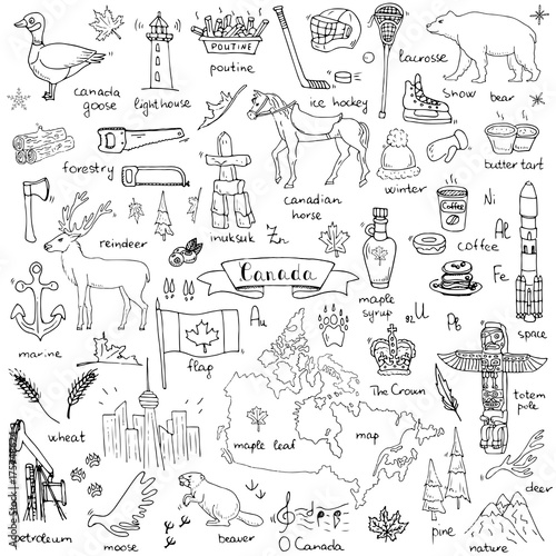 Hand drawn doodle Canada icons set Vector illustration isolated symbols collection of canadian symbols Cartoon elements: bear, map, flag, maple, beaver, deer, goose, totem pole, horse, hockey, poutine