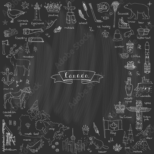Hand drawn doodle Canada icons set Vector illustration isolated symbols collection of canadian symbols Cartoon elements: bear, map, flag, maple, beaver, deer, goose, totem pole, horse, hockey, poutine