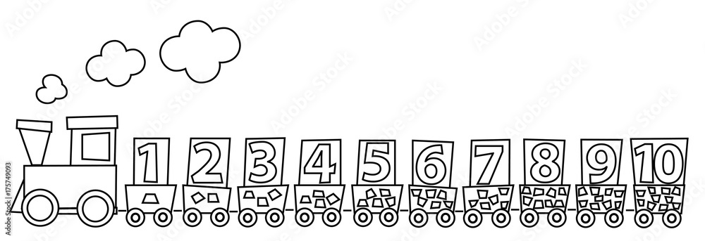 Coloring page with math train and numbers 1- 10