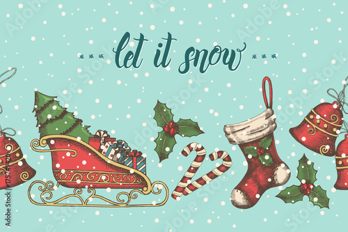 Vintage seamless pattern with hand drawn christmas objects and hand made lettering 