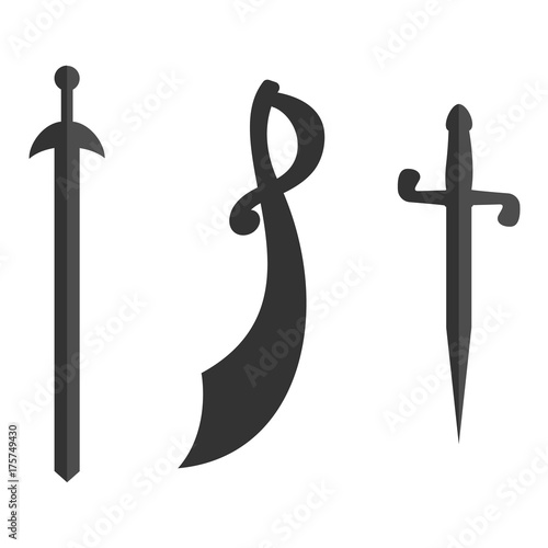 Set of historical swords saber silhouettes. Illustration with vector slashing weapons. Cavalry sword, sabre on a white background.