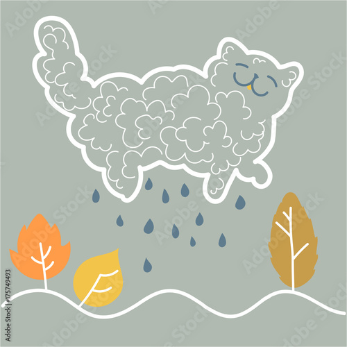 vector cat - a cloud walks through the autumn sky and makes a rain