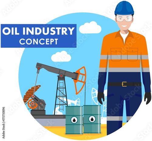 Oil industry concept. Detailed illustration of worker on background with oil pump and barrels with fuel flat style on white background. Vector illustration. © yustus