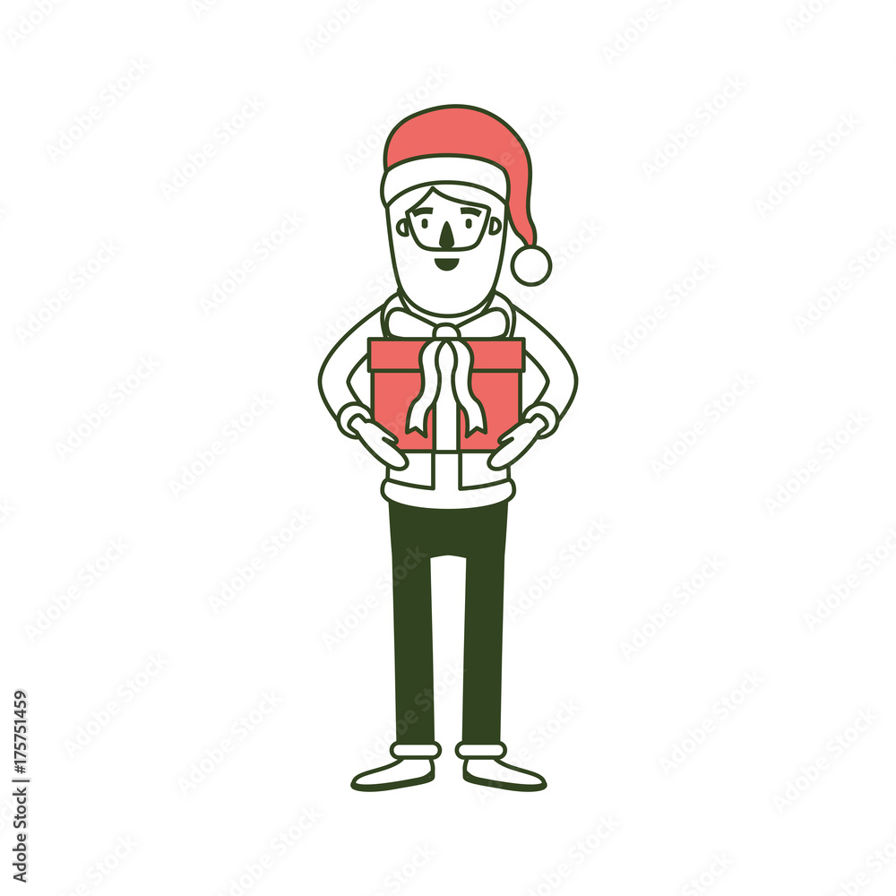 santa claus caricature full body with gift box hat and costume on color section silhouette
