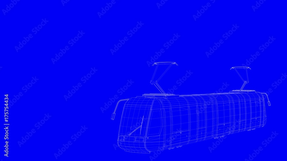 3d rendering of a blue print train in white lines on a blue background