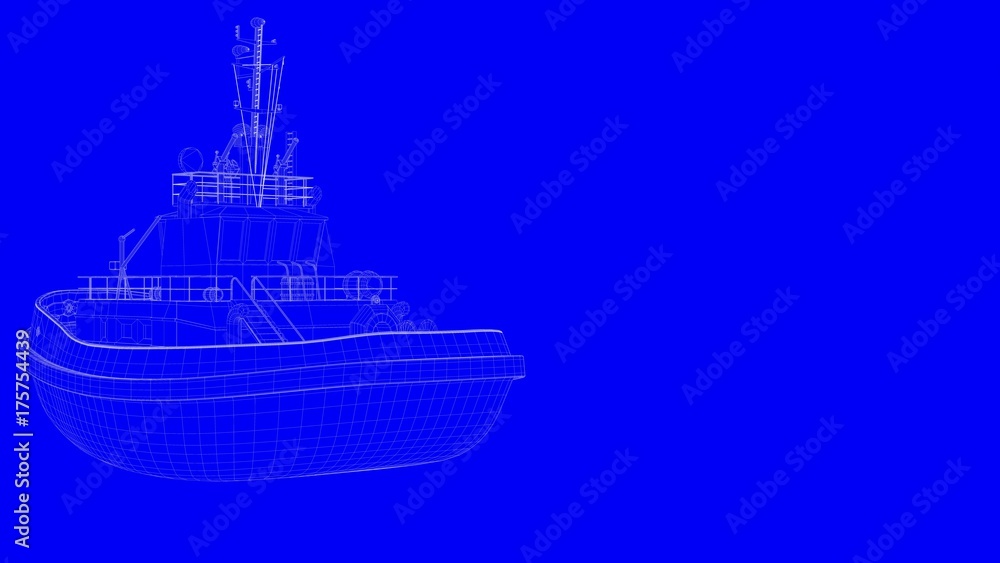 3d rendering of a blue print ship in white lines on a blue background
