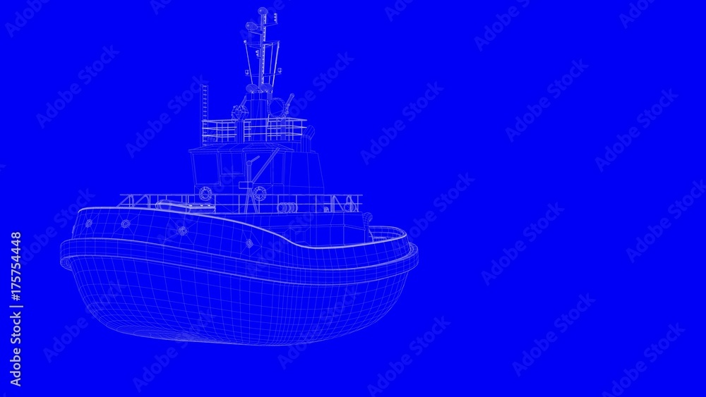 3d rendering of a blue print ship in white lines on a blue background
