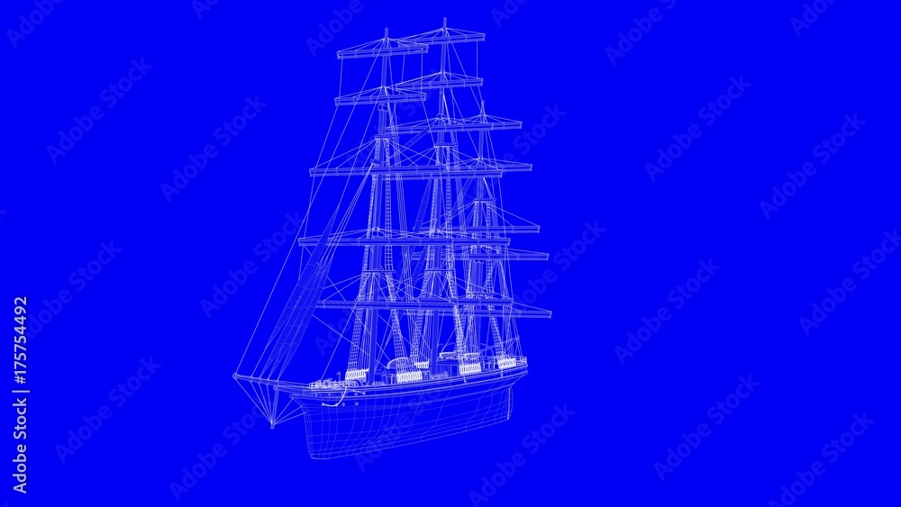 3d rendering of a blue print sail boat in white lines on a blue background 3d rendering of a blue print sail boat in white lines on a blue background