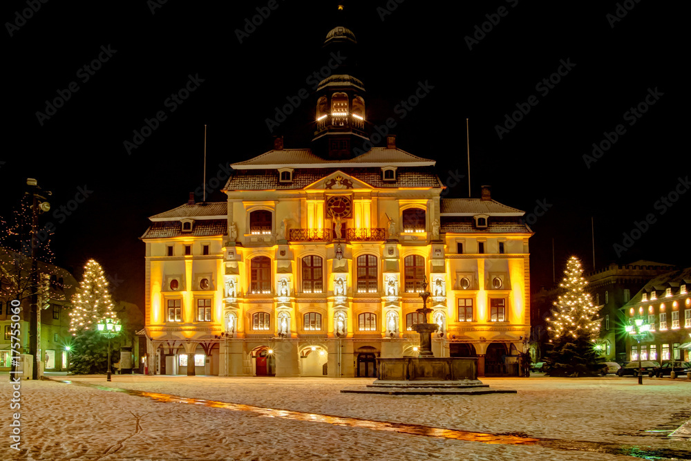 Lüneburg (near Hamburg) Germany: Old famous Townhall with christmas Trees and snow.