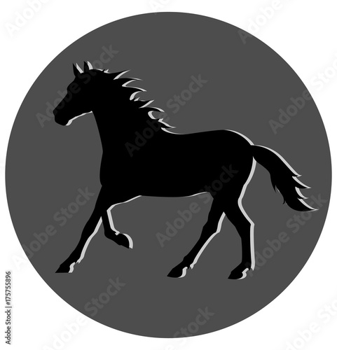 black silhouette of a galloping horse on a gray background