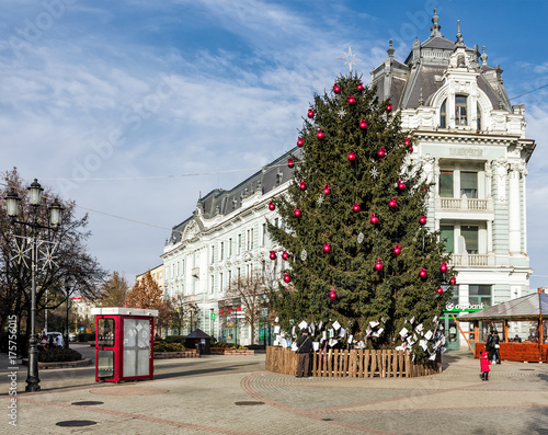 Nyiregyhaza, Hungary - December 7, 2014: Christmas tree on the Nyiregyhaza central square photo