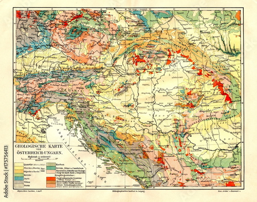 Obraz na płótnie Geological map of Austria-Hungary (from Meyers Lexikon, 1896, 13/282/283)