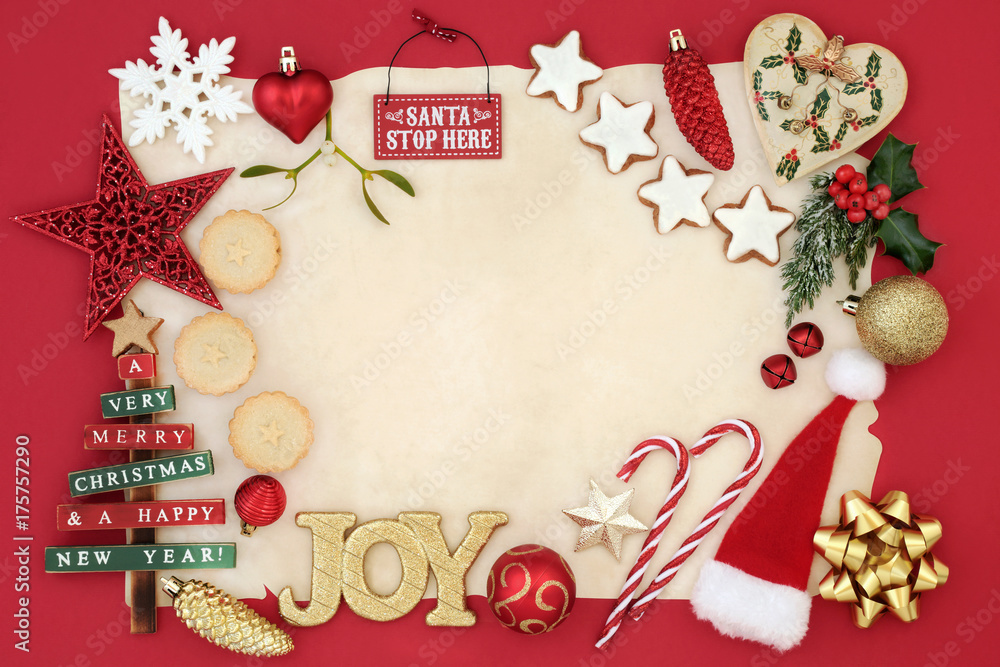 Christmas decorative background border on parchment paper with red