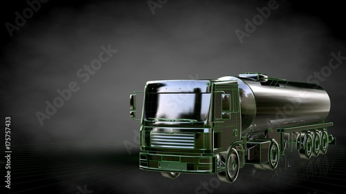 3d rendering of a reflective truck with green outlined lines as blueprint on dark background