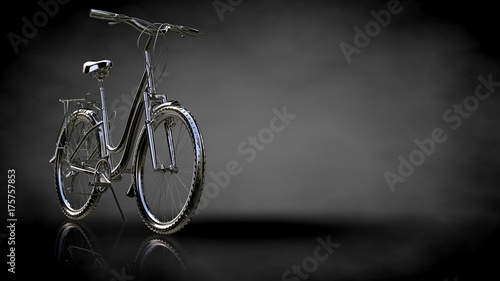 3d rendering of a metalic reflective bike on a dark background