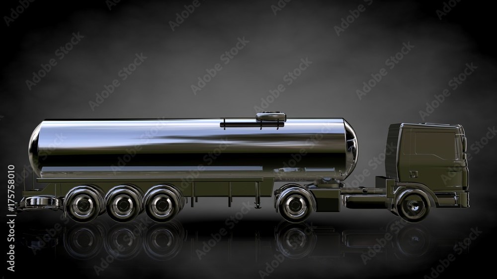 3d rendering of a metalic reflective truck on a dark background
