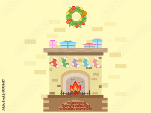 Beautiful Christmas fireplace with decoration in flat design style