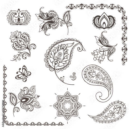 Set for design with flowers, Indian paisley, leaves and abstract elements. Oriental style