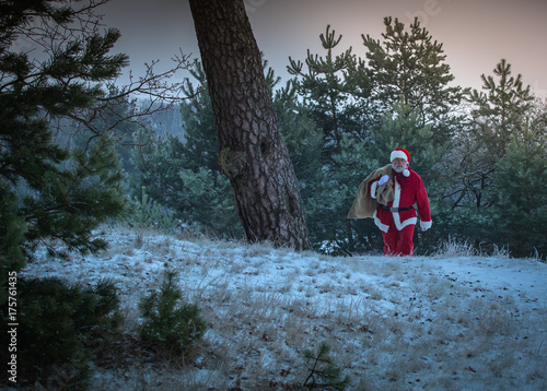 Santa Claus with a bag of gifts comes out of the winter forest