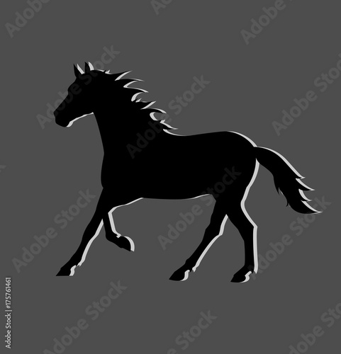 Black silhouette of a running horse on gray background