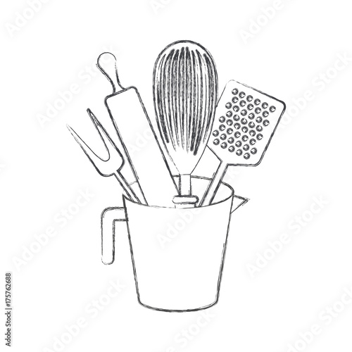 jar with kitchen utensils and roller pin monochrome blurred silhouette