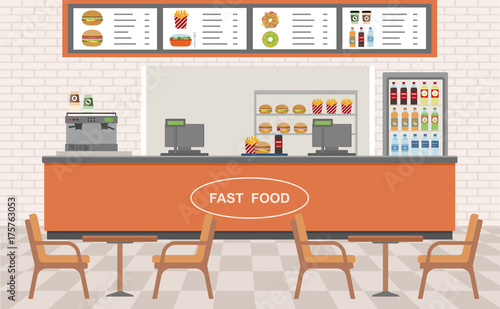 Fast food restaurant interior. Vector illustration. Flat design. 
