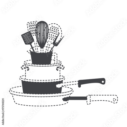 stewpan stack and kitchen utensils black silhouette and dotted contour