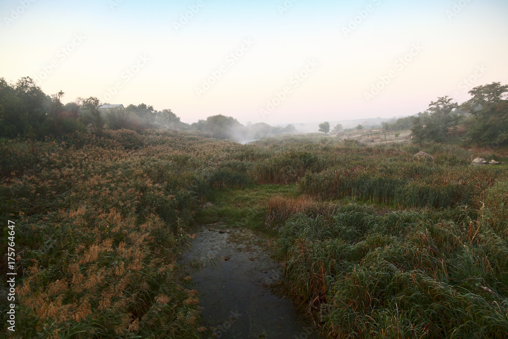 Obraz premium Morrning scene on river. The river in a fog. Beautiful landscape with trees, log, colorful leaves and fog. Nature background.