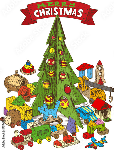 Wooden Christmas Tree with Toys