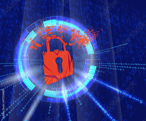 decaying padlock surrounded by binary lines hacker attacks on background of machine code matrix. computer virus, system fault.