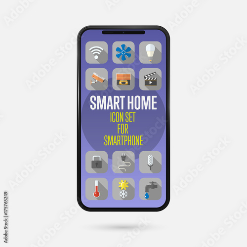 Icons for smart house system. A modern smartphone with a smart home app. Flat style icons. Vector illustration.