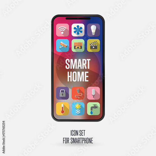 Icons for smart house system. A modern smartphone with a smart home app. Flat style icons. Vector illustration.