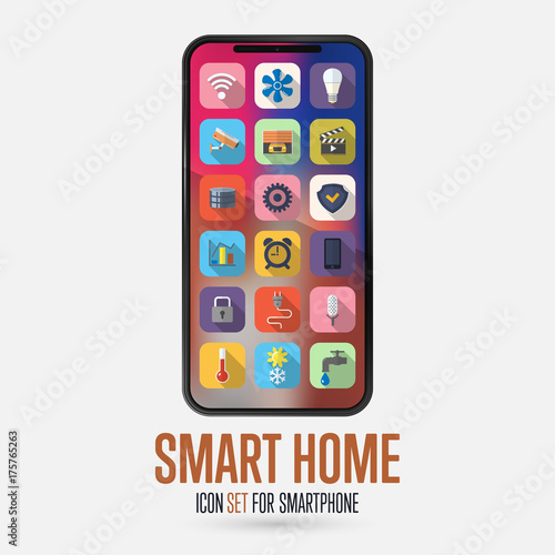 Icons for smart house system. A modern smartphone with a smart home app. Flat style icons. Vector illustration.