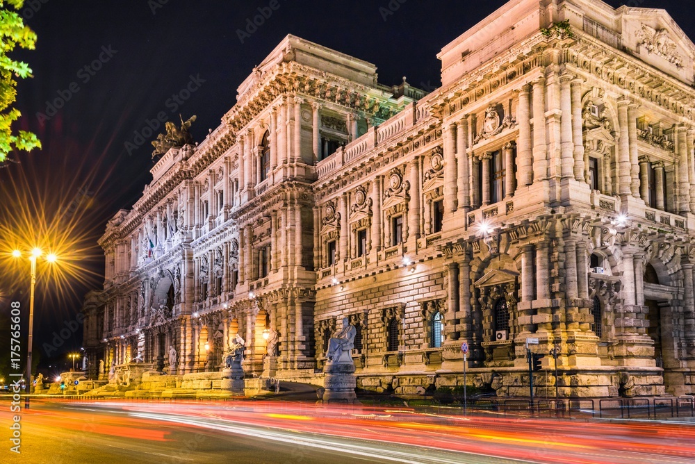 Palace of Justice, Rome, Italy at night. Light trails long exposure effect.